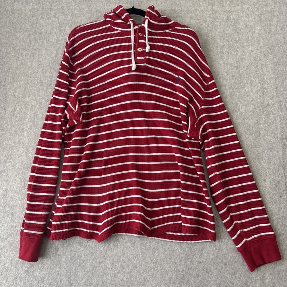 Polo Ralph Lauren Waffle Knit Henley Hoodie Mens XXL Red White Striped Cotton